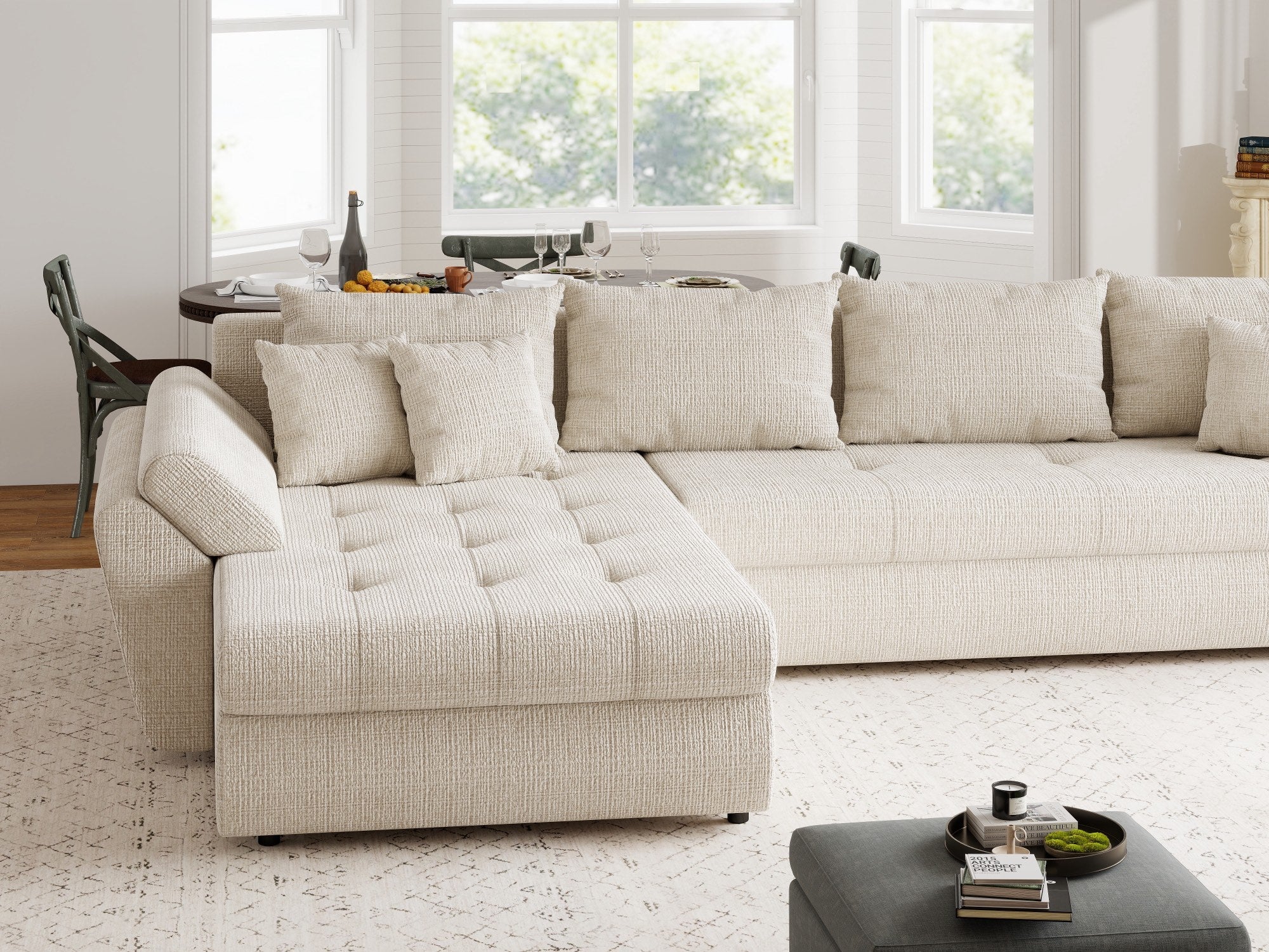 Colțar extensibil dumonde cu ladă de depozitare si sezut confortabil din spuma high-density, Loana XL Cremona Gri Deschis 335x185 cm