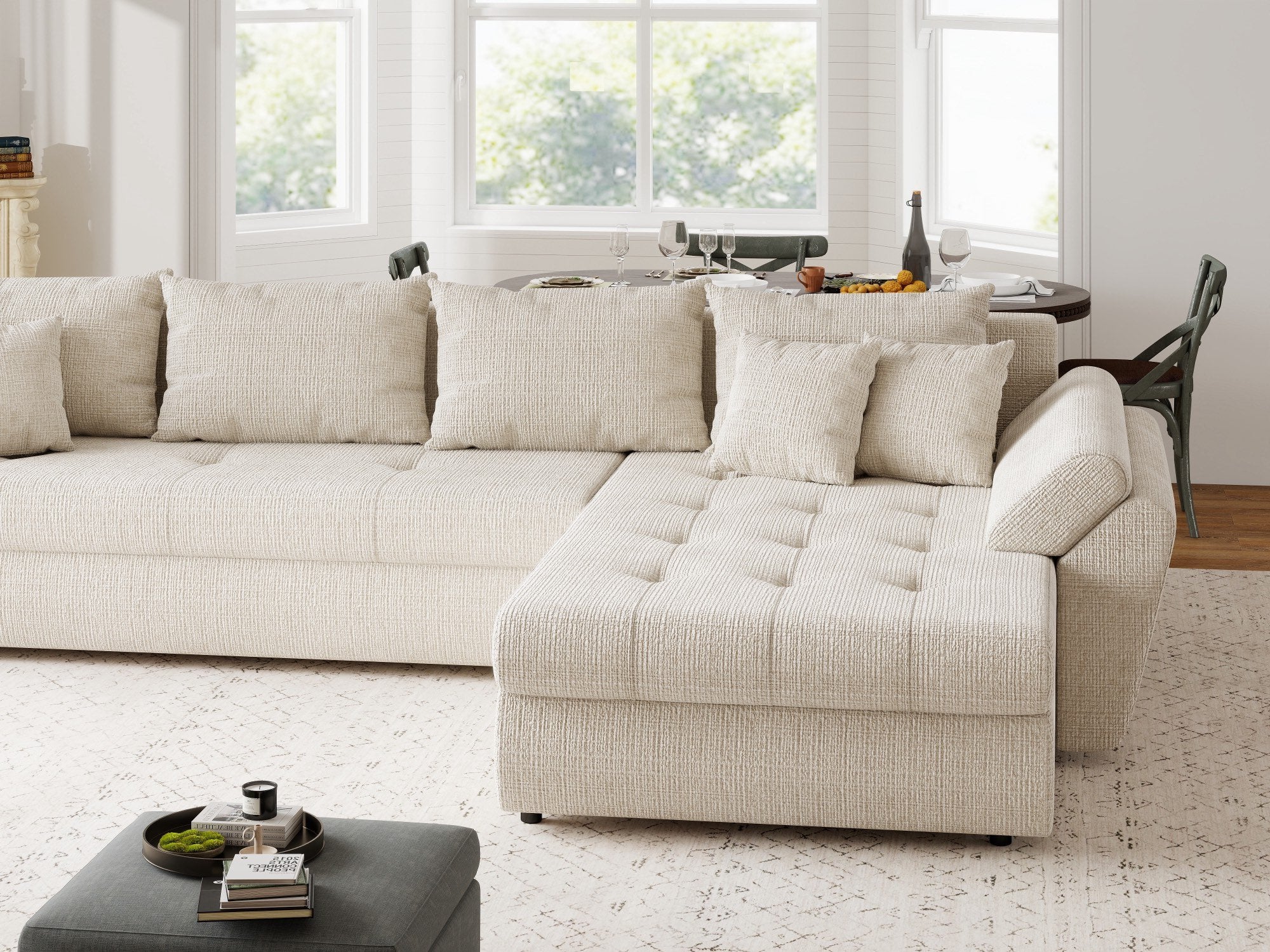 Colțar extensibil dumonde cu ladă de depozitare si sezut confortabil din spuma high-density, Loana XL Cremona Gri Deschis II 335x185 cm