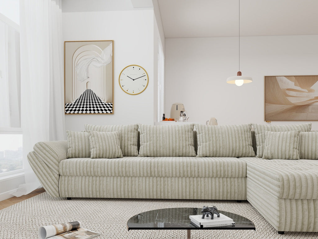 Colțar extensibil dumonde cu ladă de depozitare si sezut confortabil din spuma high-density, Loana XL Tilia Gri- Bej II 335x185 cm