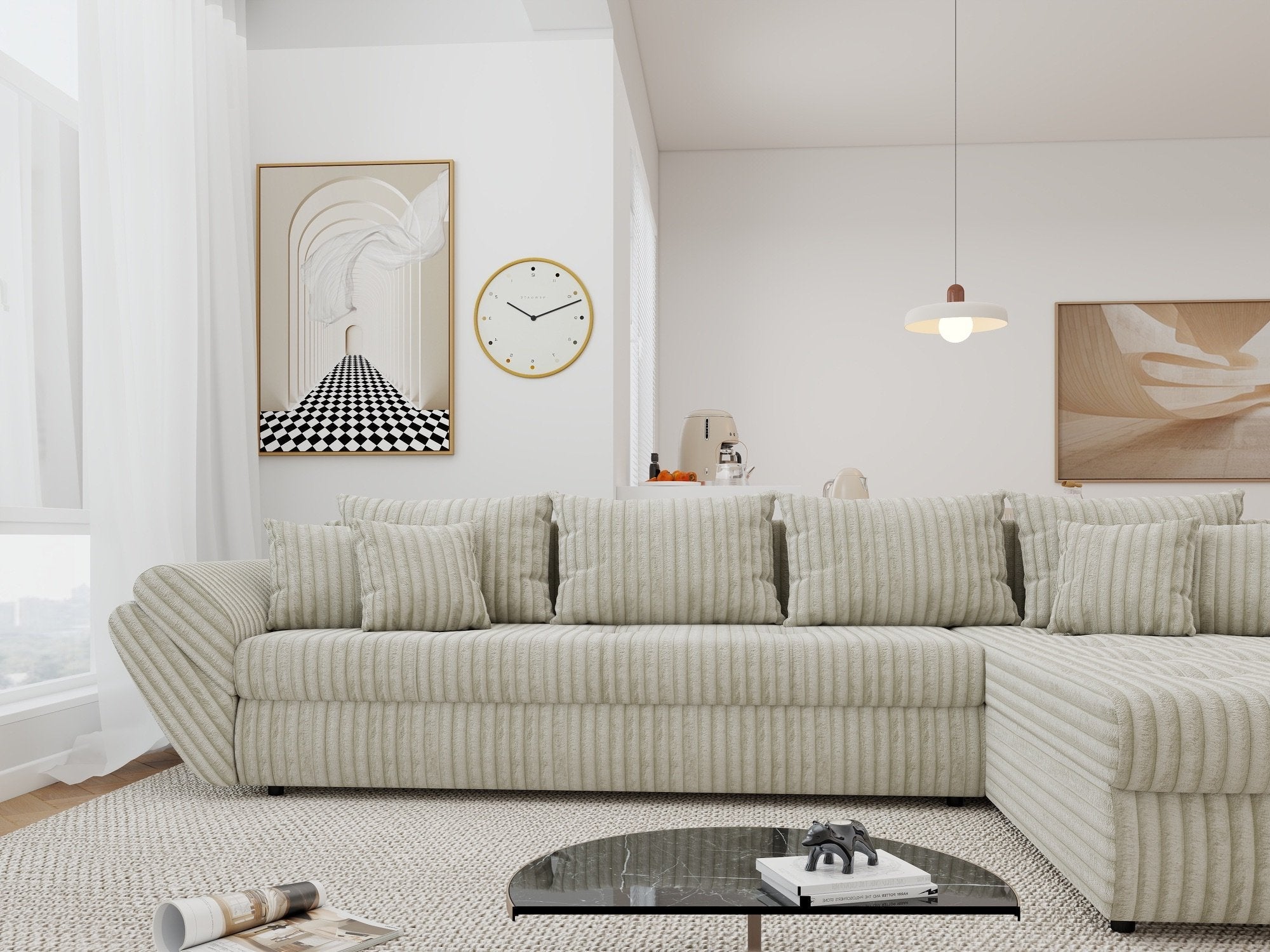 Colțar extensibil dumonde cu ladă de depozitare si sezut confortabil din spuma high-density, Loana XL Tilia Gri- Bej II 335x185 cm