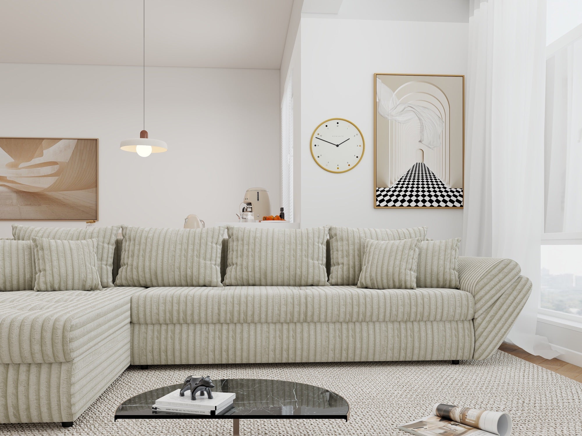 Colțar extensibil dumonde cu ladă de depozitare si sezut confortabil din spuma high-density, Loana XL Tilia Gri- Bej 335x185 cm