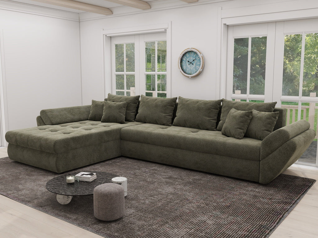 Colțar extensibil dumonde cu ladă de depozitare si sezut confortabil din spuma high-density, Loana XL Vibe Olive 335x185 cm