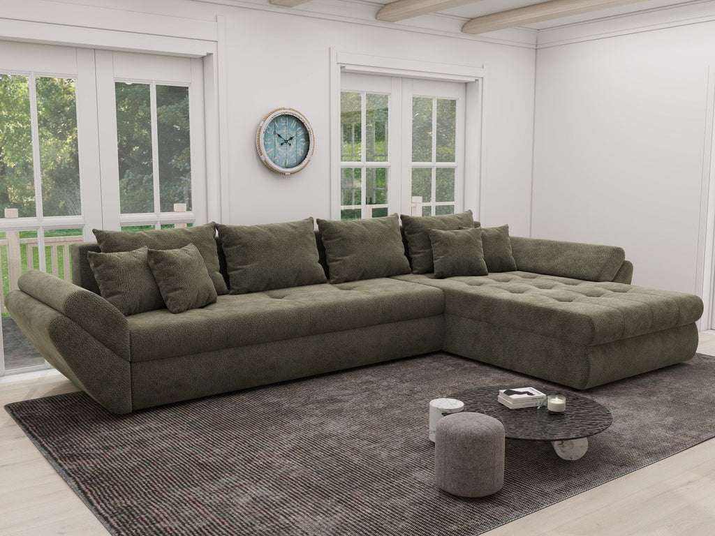 Colțar extensibil dumonde cu ladă de depozitare si sezut confortabil din spuma high-density, Loana XL Vibe Olive II 335x185 cm