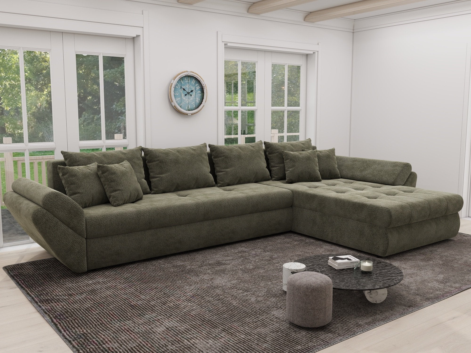 Colțar extensibil dumonde cu ladă de depozitare si sezut confortabil din spuma high-density, Loana XL Vibe Olive II 335x185 cm