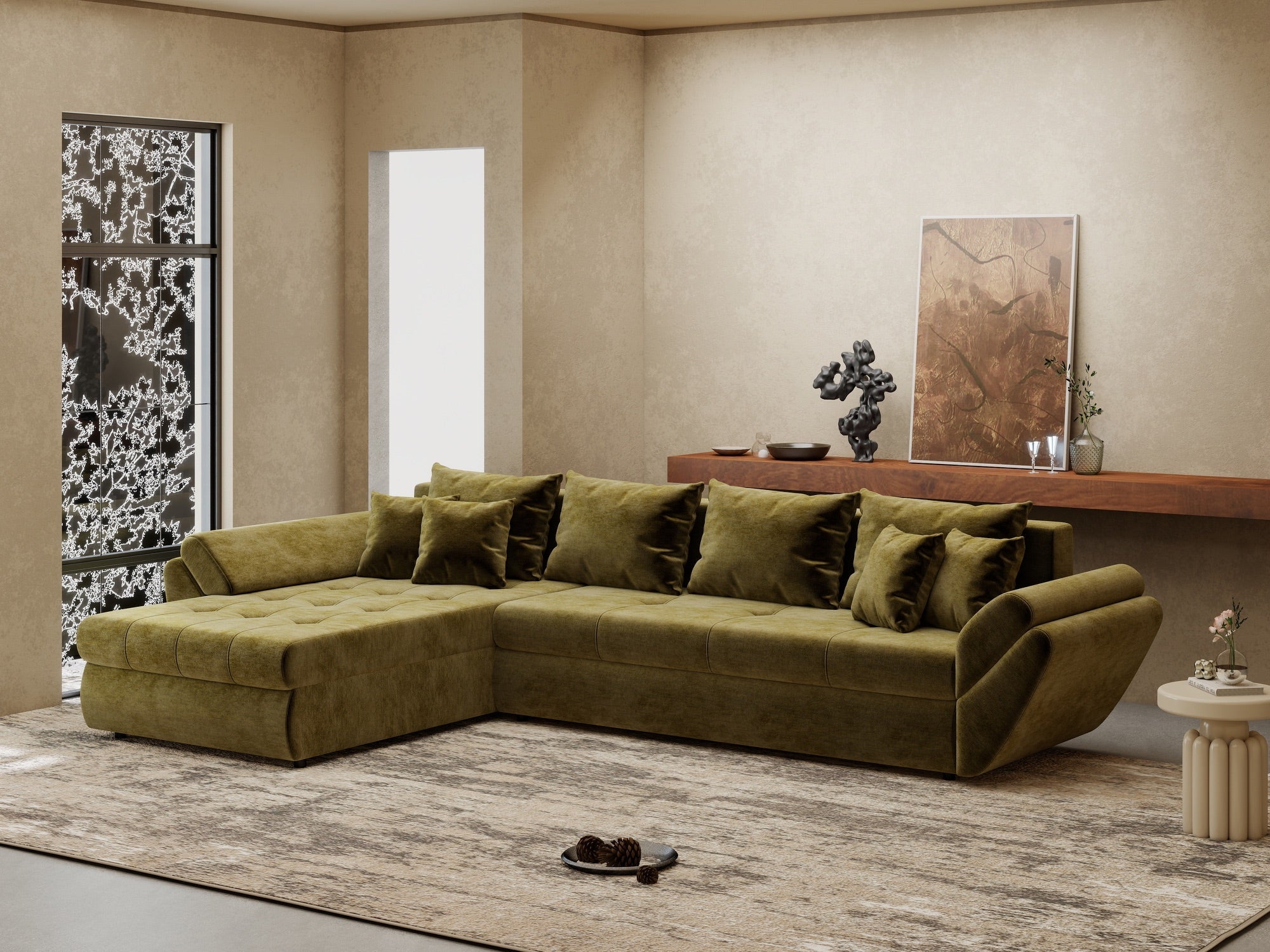 Colțar extensibil dumonde cu ladă de depozitare si sezut confortabil din spuma high-density, Loana XL Monolith Verde Olive 335x185 cm