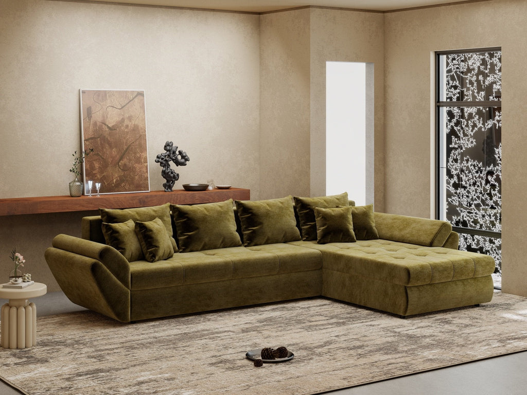 Colțar extensibil dumonde cu ladă de depozitare si sezut confortabil din spuma high-density, Loana XL Monolith Verde Olive II 335x185 cm