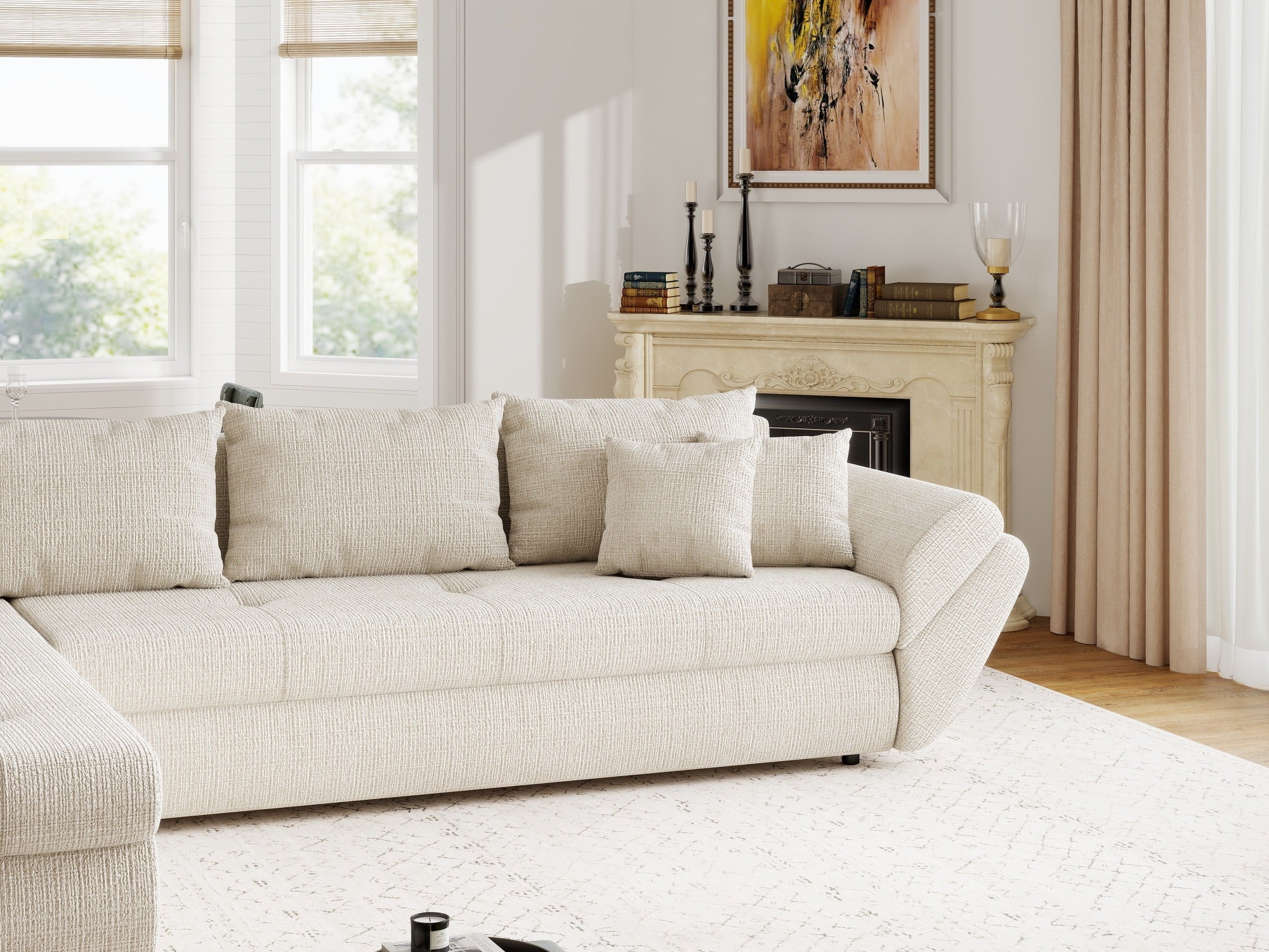 Colțar extensibil dumonde cu ladă de depozitare si sezut confortabil din spuma high-density, Loana XL Cremona Gri Deschis 335x185 cm