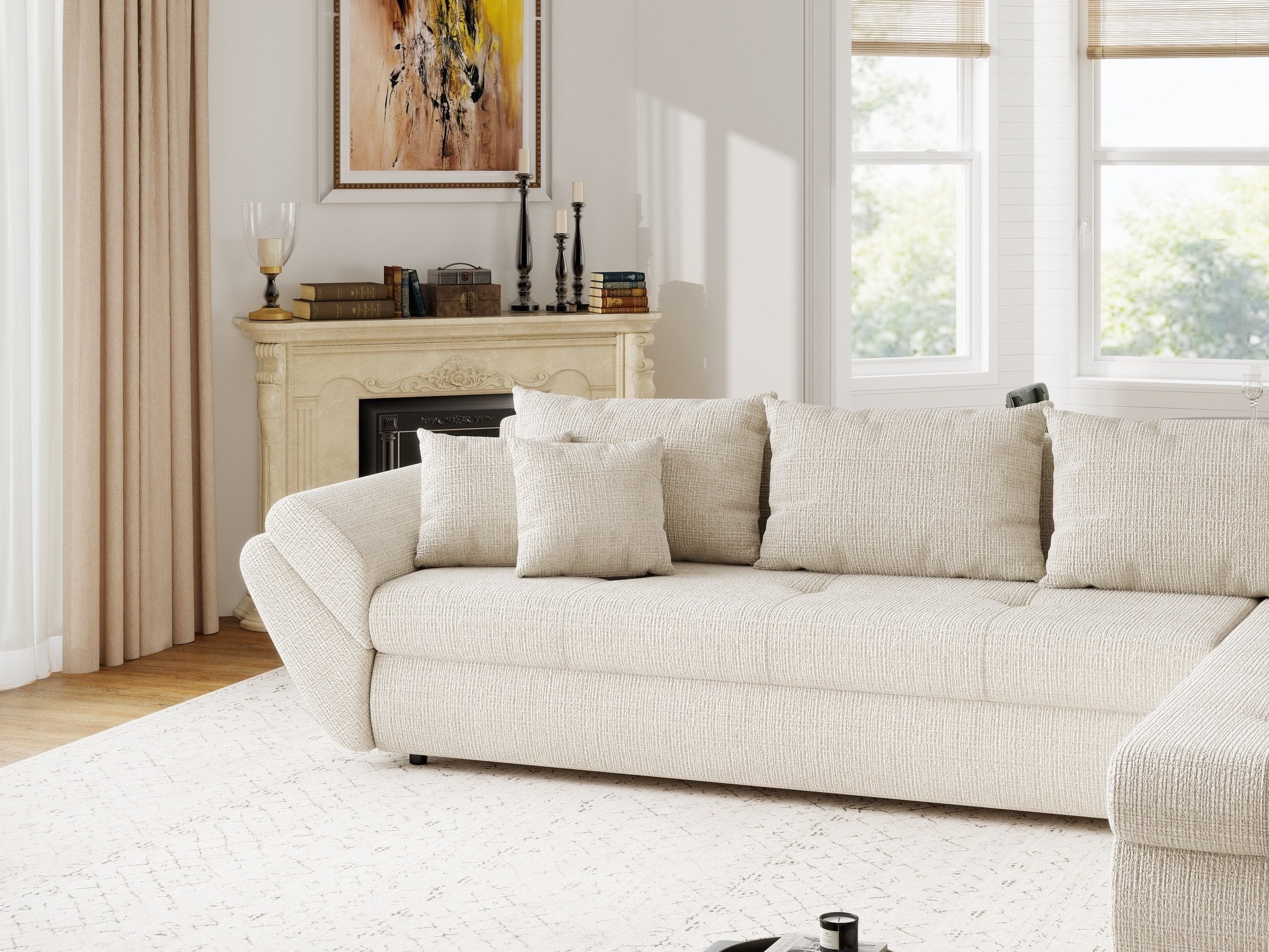 Colțar extensibil dumonde cu ladă de depozitare si sezut confortabil din spuma high-density, Loana XL Cremona Gri Deschis II 335x185 cm