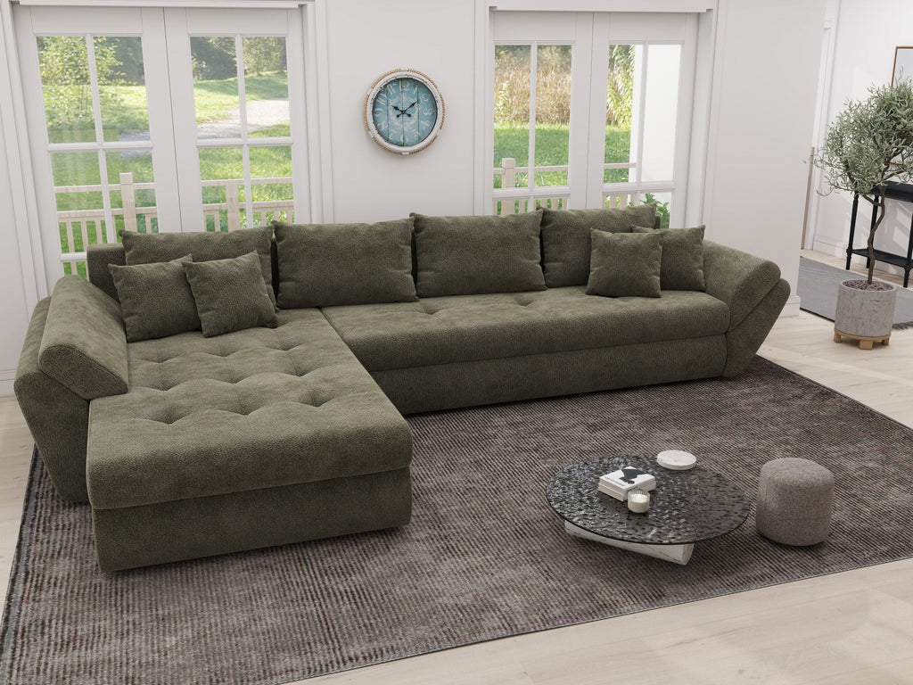 Colțar extensibil dumonde cu ladă de depozitare si sezut confortabil din spuma high-density, Loana XL Vibe Olive 335x185 cm