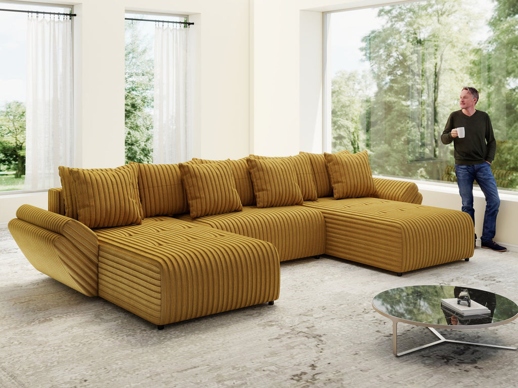 Colțar extensibil dumonde cu ladă de depozitare si sezut confortabil din spuma high-density, Berlin U Ambiance Mustar 380x180 cm