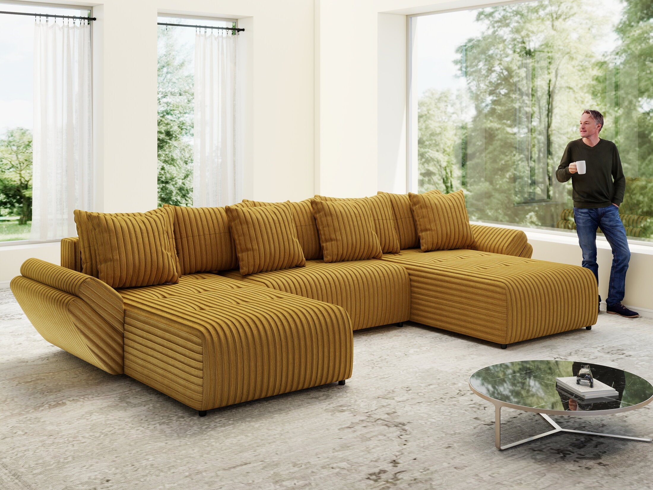 Colțar extensibil dumonde cu ladă de depozitare si sezut confortabil din spuma high-density, Berlin U Ambiance Mustar 380x180 cm