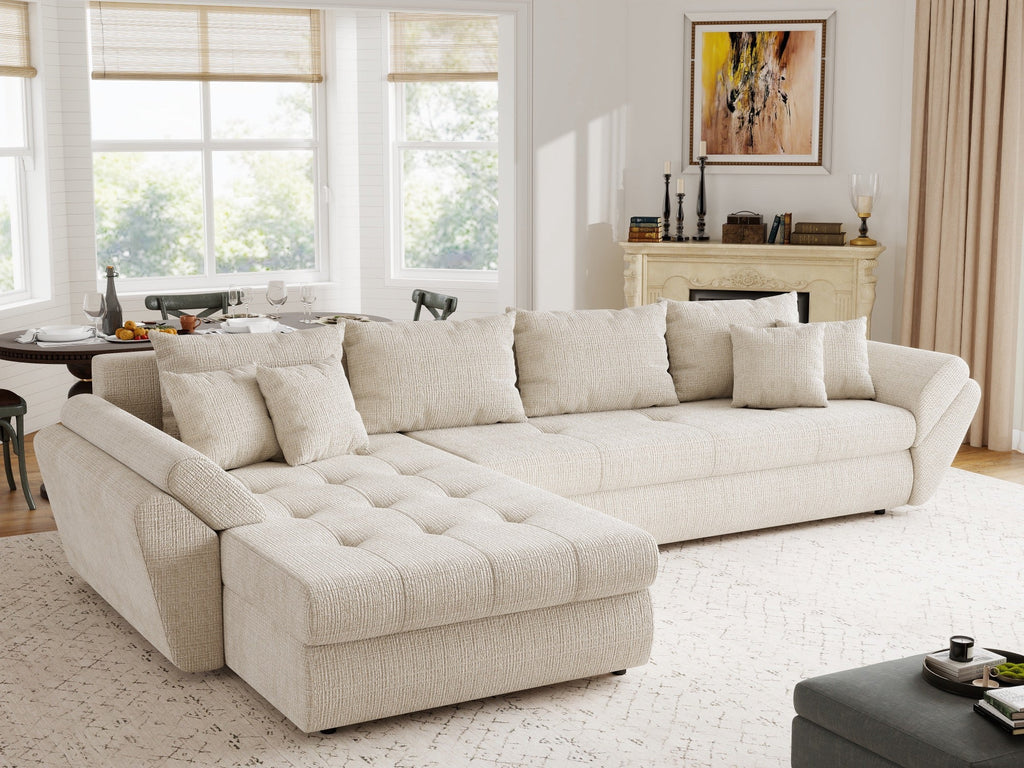 Colțar extensibil dumonde cu ladă de depozitare si sezut confortabil din spuma high-density, Loana XL Cremona Gri Deschis 335x185 cm