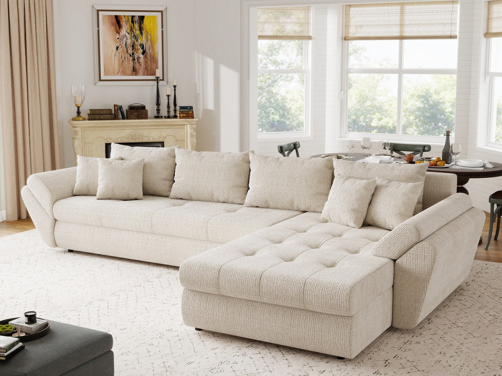 Colțar extensibil dumonde cu ladă de depozitare si sezut confortabil din spuma high-density, Loana XL Cremona Gri Deschis II 335x185 cm