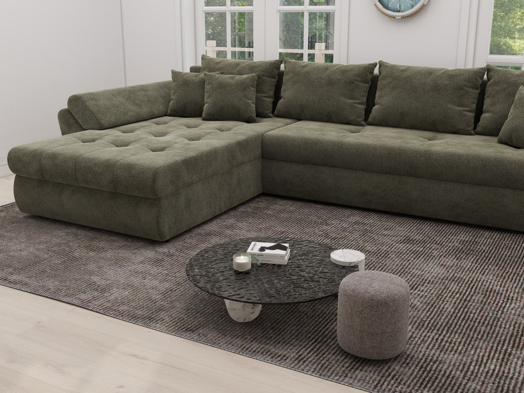 Colțar extensibil dumonde cu ladă de depozitare si sezut confortabil din spuma high-density, Loana XL Vibe Olive 335x185 cm