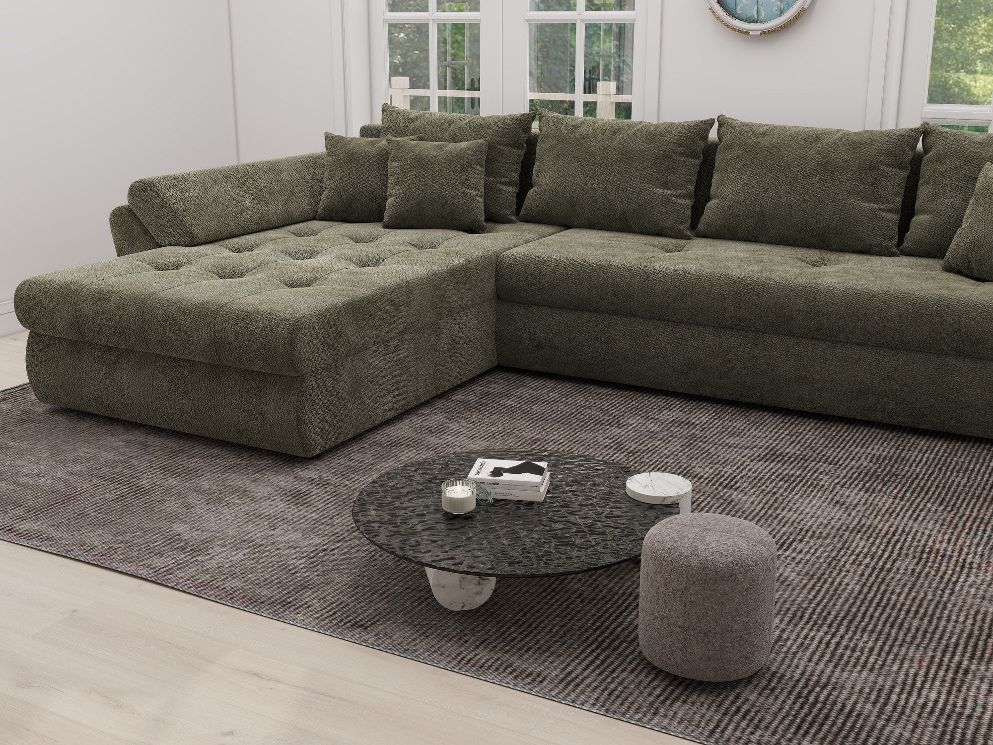 Colțar extensibil dumonde cu ladă de depozitare si sezut confortabil din spuma high-density, Loana XL Vibe Olive 335x185 cm