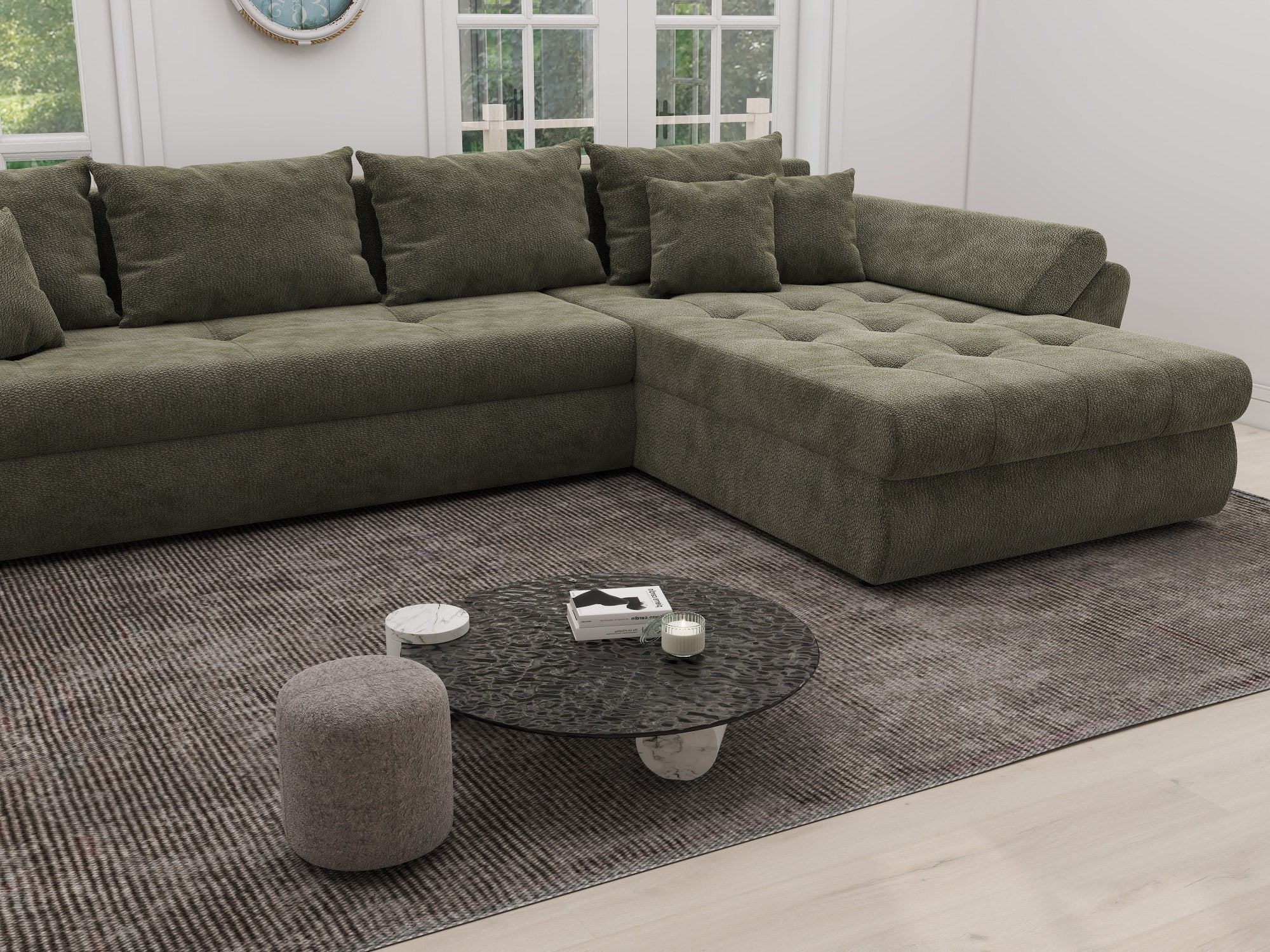 Colțar extensibil dumonde cu ladă de depozitare si sezut confortabil din spuma high-density, Loana XL Vibe Olive II 335x185 cm