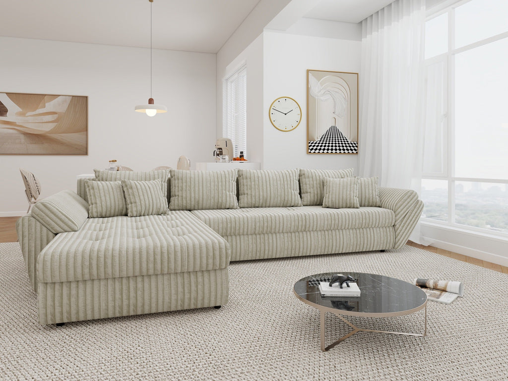 Colțar extensibil dumonde cu ladă de depozitare si sezut confortabil din spuma high-density, Loana XL Tilia Gri- Bej 335x185 cm
