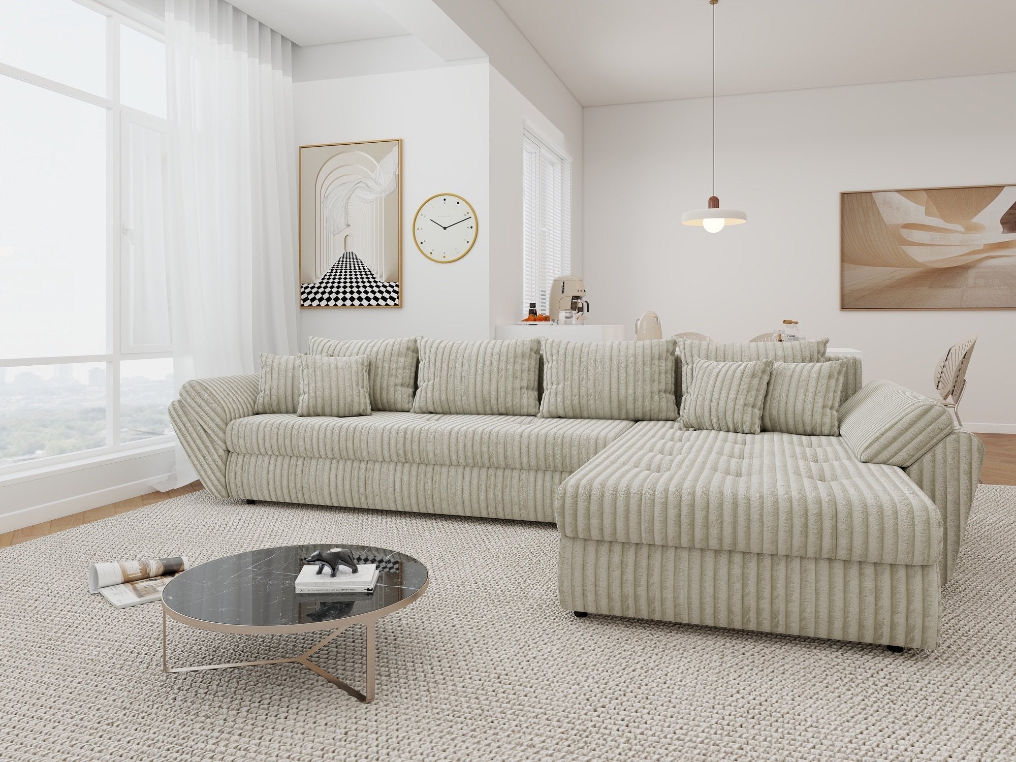 Colțar extensibil dumonde cu ladă de depozitare si sezut confortabil din spuma high-density, Loana XL Tilia Gri- Bej II 335x185 cm