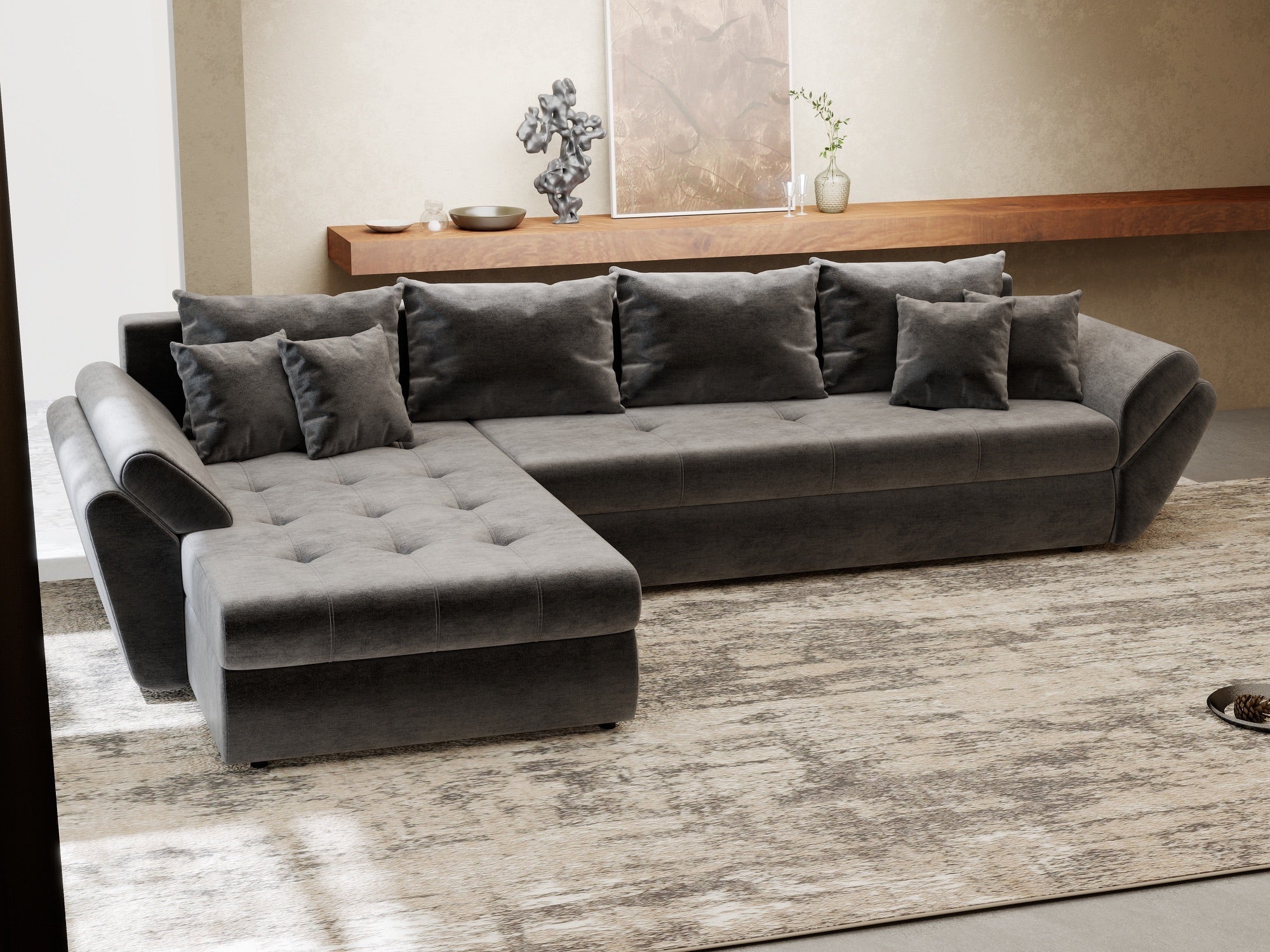Colțar extensibil dumonde cu ladă de depozitare si sezut confortabil din spuma high-density, Loana XL Monolith Gri Antracit 335x185 cm