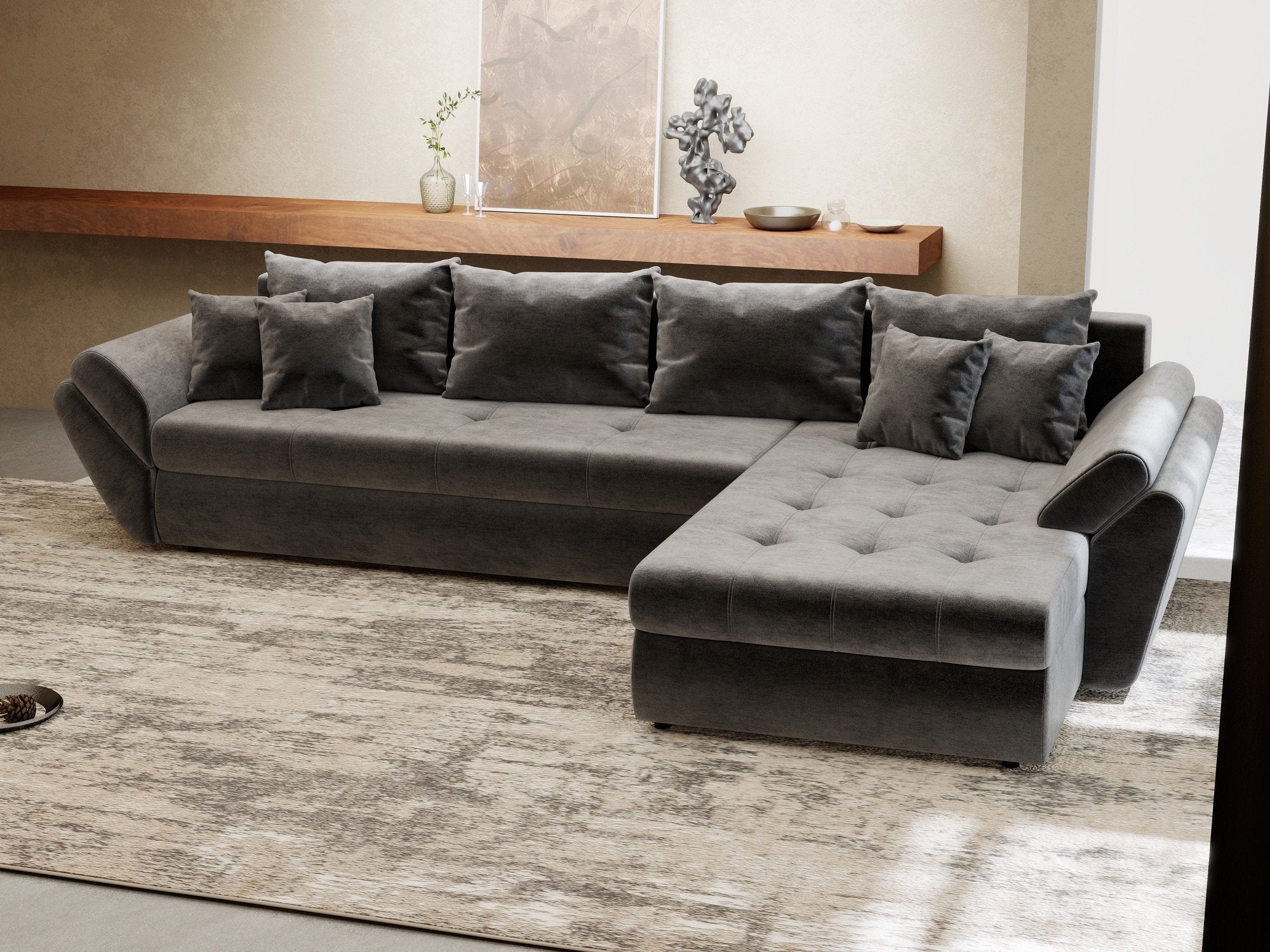 Colțar extensibil dumonde cu ladă de depozitare si sezut confortabil din spuma high-density, Loana XL Monolith Gri Antracit II 335x185 cm