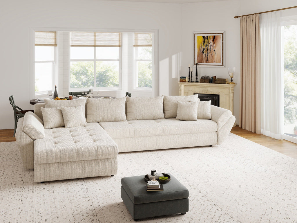 Colțar extensibil dumonde cu ladă de depozitare si sezut confortabil din spuma high-density, Loana XL Cremona Gri Deschis 335x185 cm