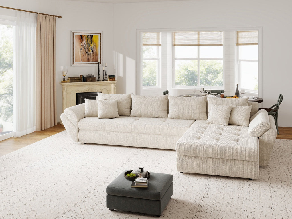 Colțar extensibil dumonde cu ladă de depozitare si sezut confortabil din spuma high-density, Loana XL Cremona Gri Deschis II 335x185 cm