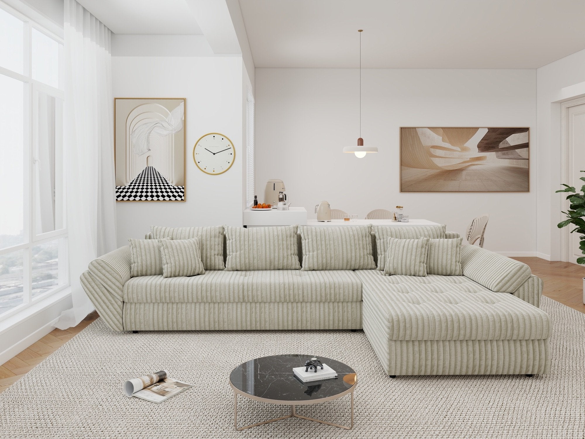 Colțar extensibil dumonde cu ladă de depozitare si sezut confortabil din spuma high-density, Loana XL Tilia Gri- Bej II 335x185 cm