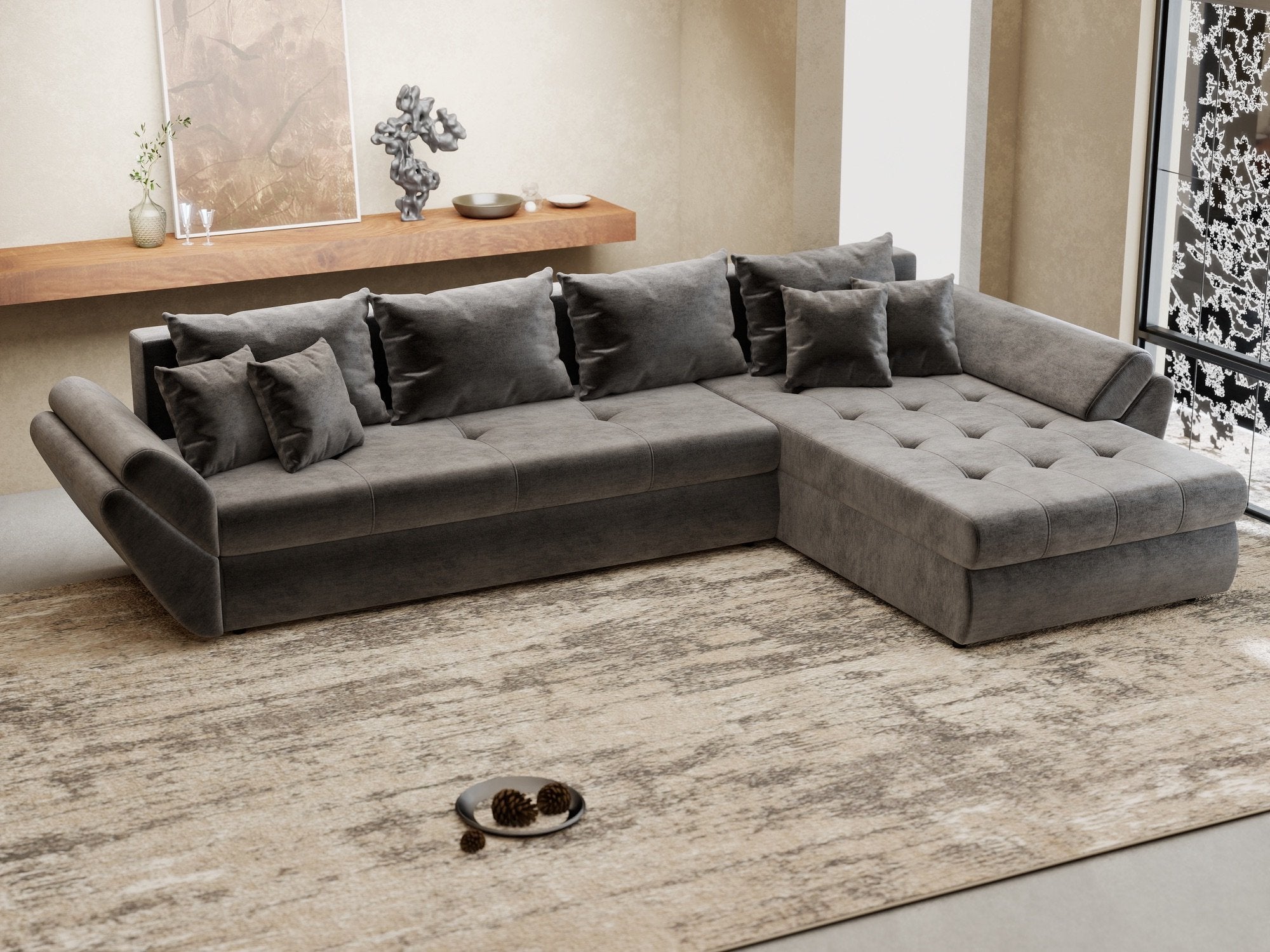 Colțar extensibil dumonde cu ladă de depozitare si sezut confortabil din spuma high-density, Loana XL Monolith Gri Antracit II 335x185 cm