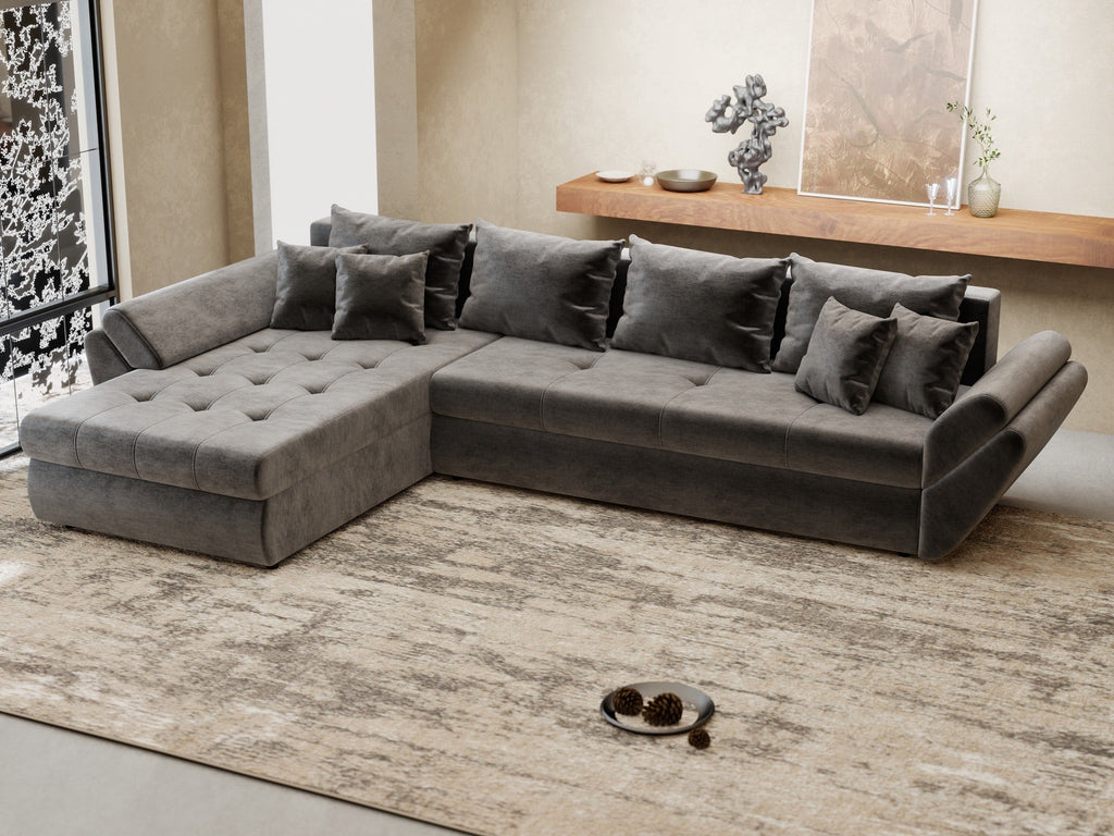 Colțar extensibil dumonde cu ladă de depozitare si sezut confortabil din spuma high-density, Loana XL Monolith Gri Antracit 335x185 cm