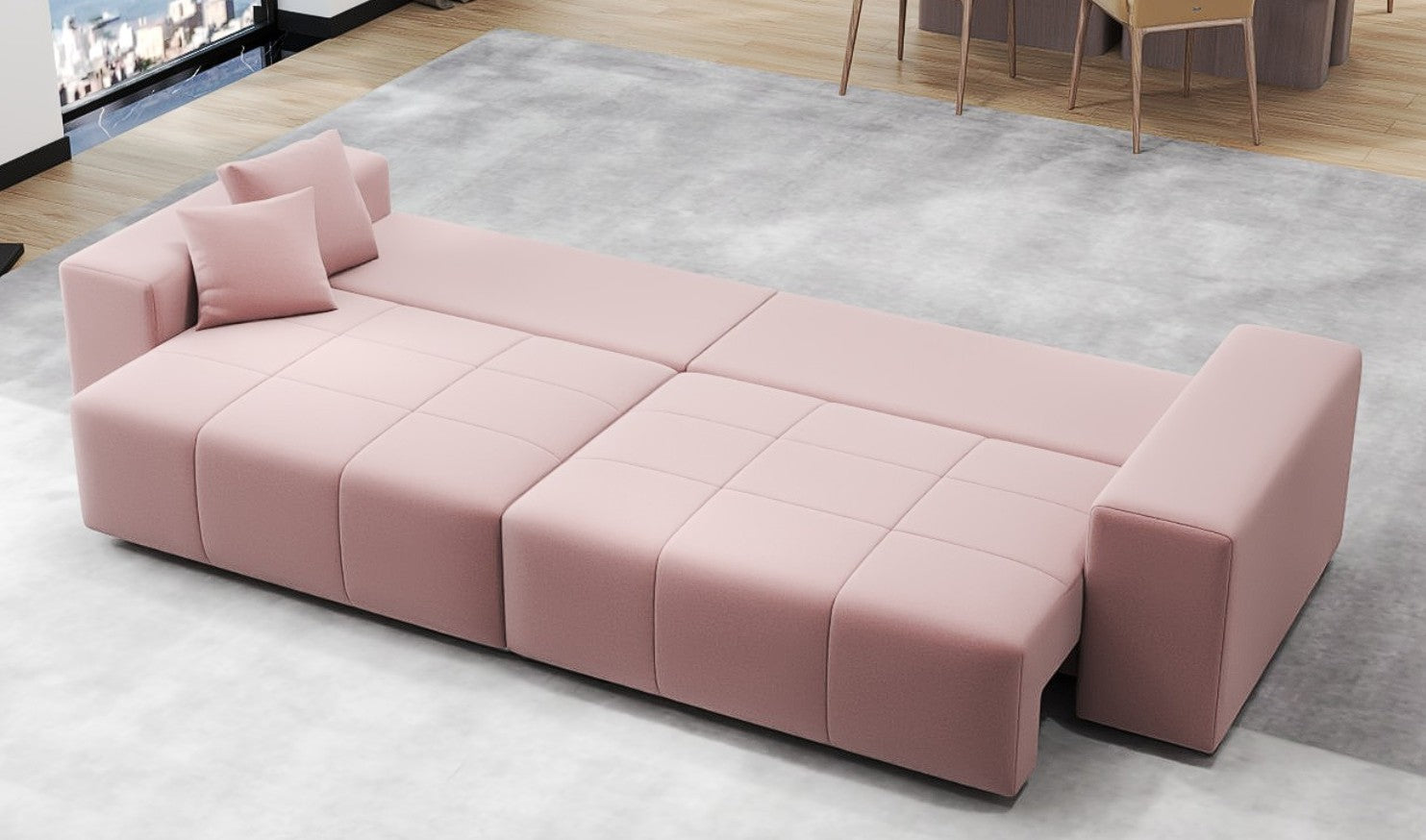 Canapea extensibilă dumonde cu ladă de depozitare si sezut confortabil din spuma high-density, Marbela Royal Roz XXL 295x100 cm