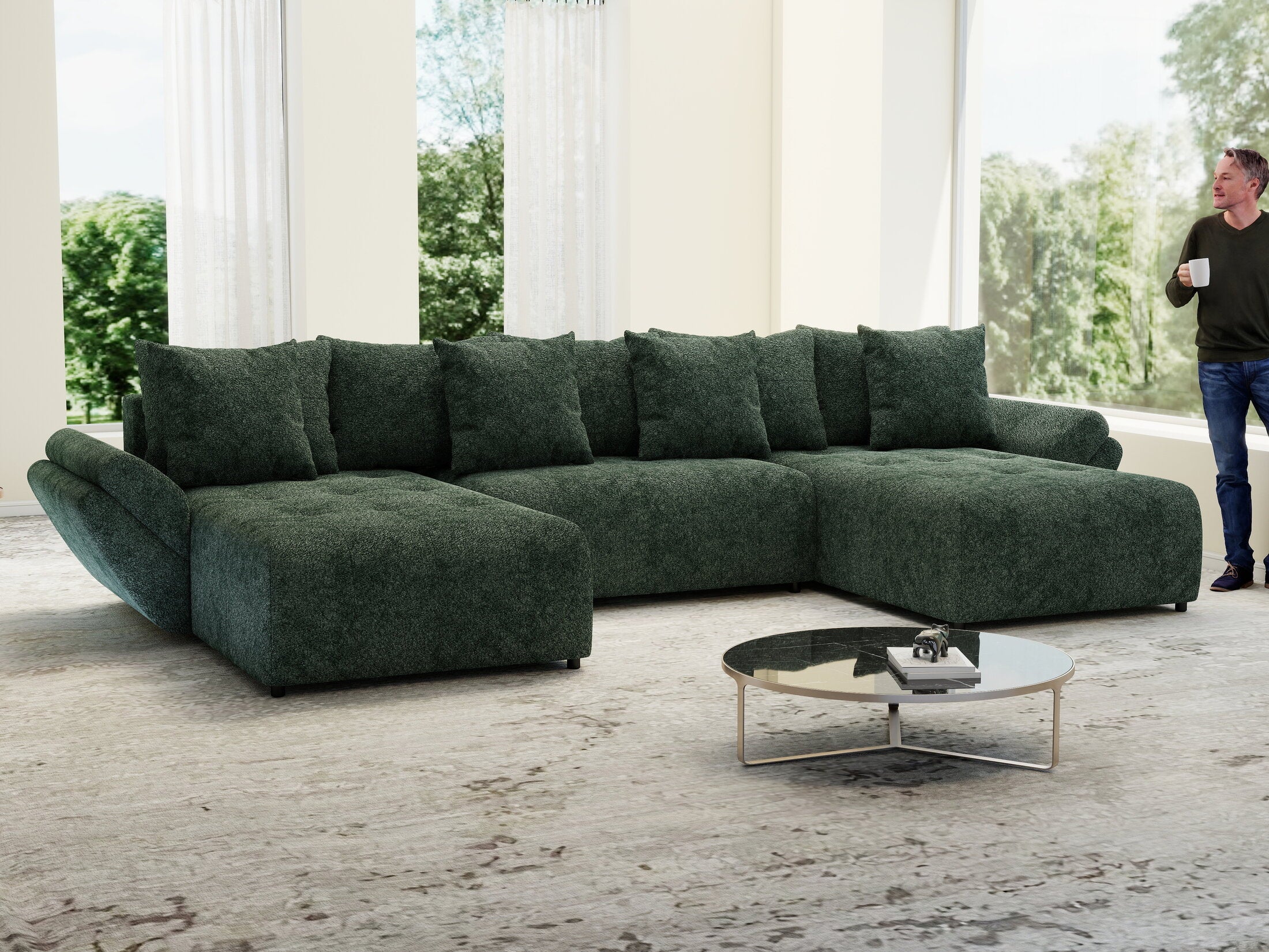 Colțar extensibil dumonde cu ladă de depozitare si sezut confortabil din spuma high-density, Berlin U Euphoria Verde 380x180 cm