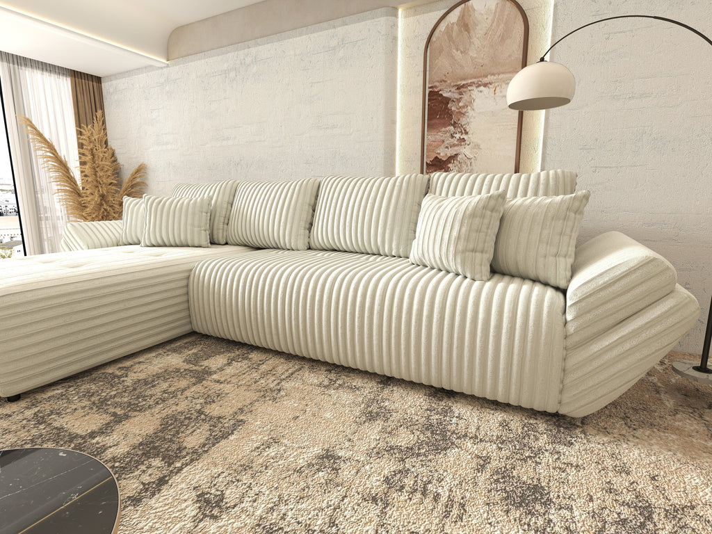Colțar extensibil dumonde cu ladă de depozitare si sezut confortabil din spuma high-density, Berlin XL Ambience Ivory 350x185 cm
