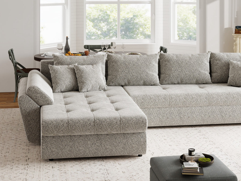 Colțar extensibil dumonde cu ladă de depozitare si sezut confortabil din spuma high-density, Loana XL Arena Bej 02 335x185 cm