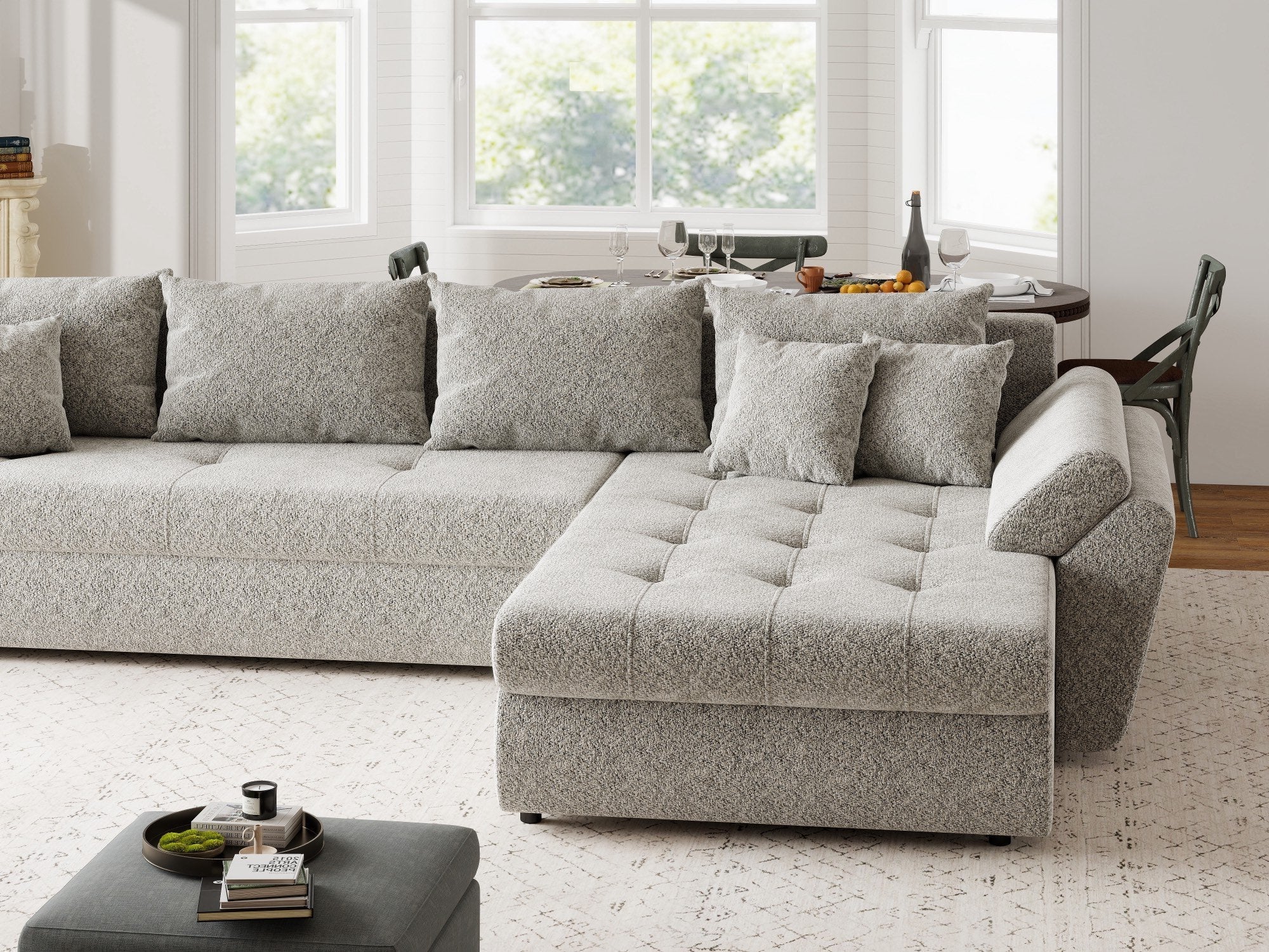 Colțar extensibil dumonde cu ladă de depozitare si sezut confortabil din spuma high-density, Loana XL Arena Bej 02 II 335x185 cm