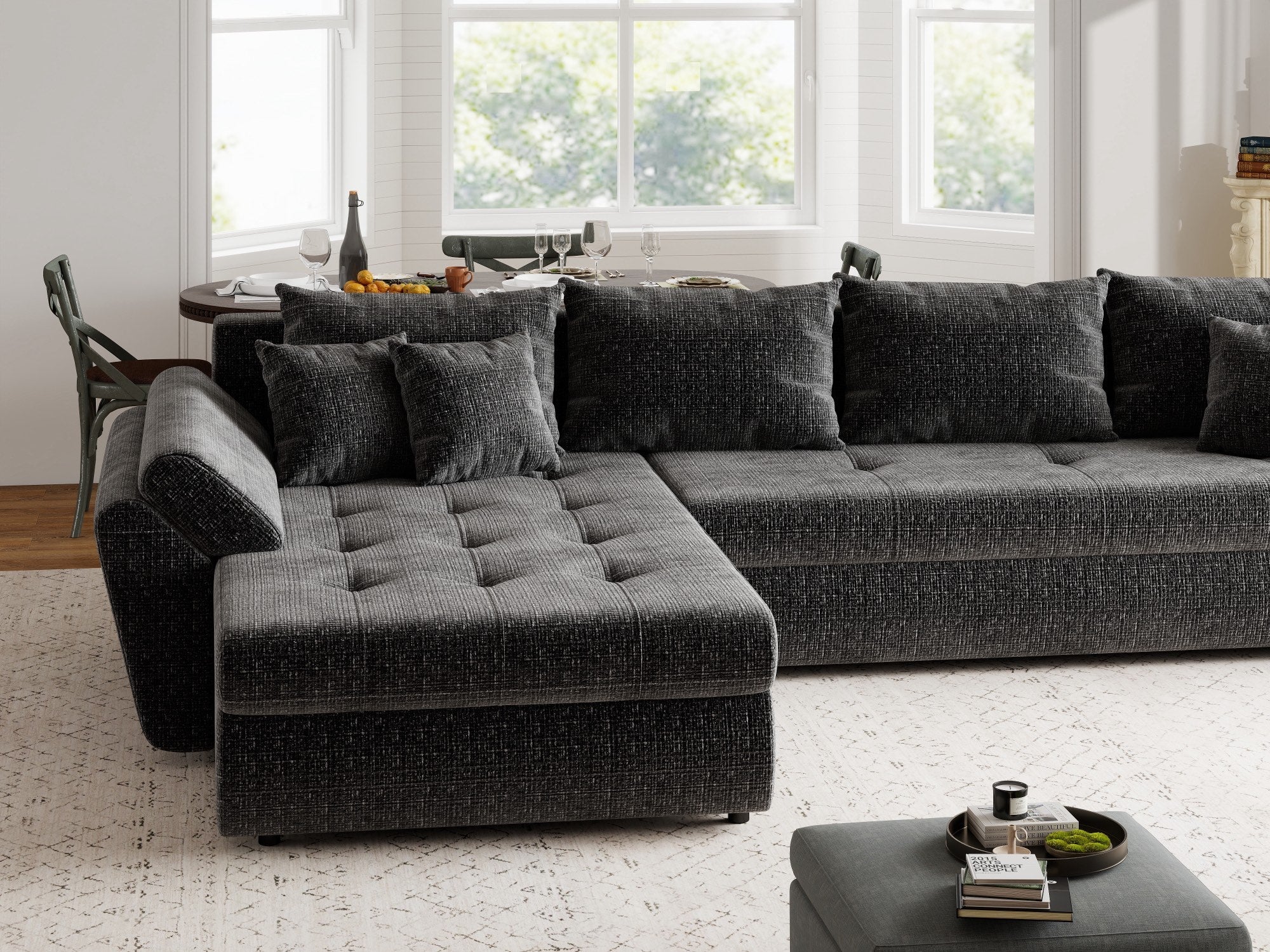 Colțar extensibil dumonde cu ladă de depozitare si sezut confortabil din spuma high-density, Loana XL Cremona Gri Antracit 335x185 cm