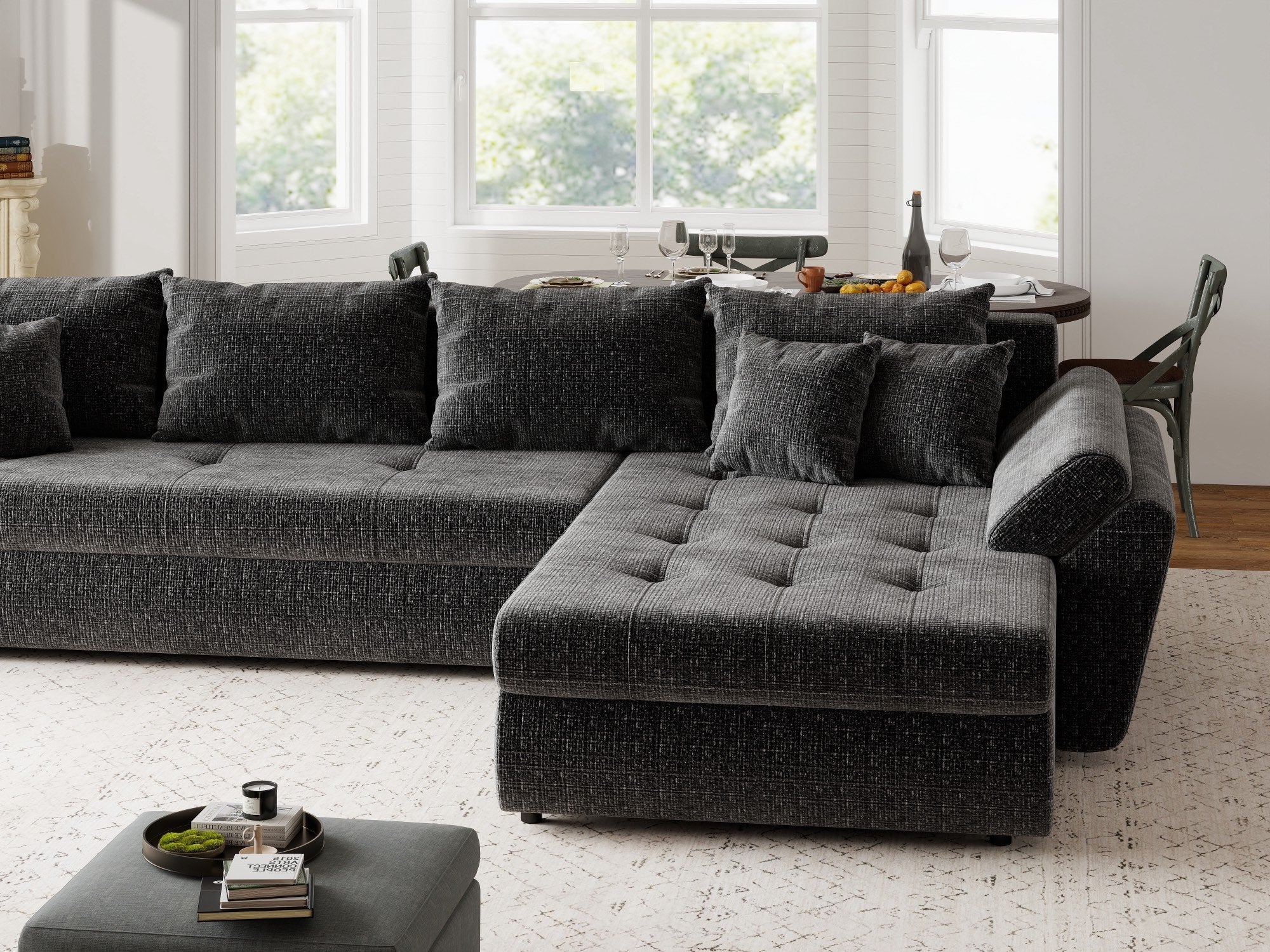 Colțar extensibil dumonde cu ladă de depozitare si sezut confortabil din spuma high-density, Loana XL Cremona Gri Antracit II 335x185 cm