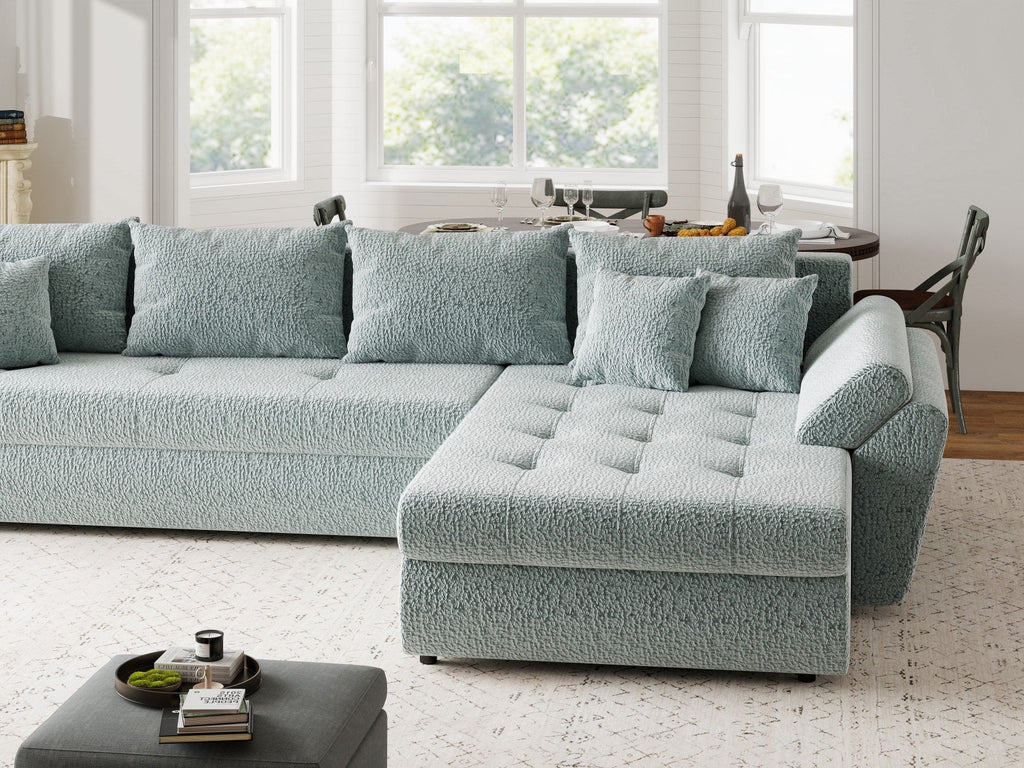 Colțar extensibil dumonde cu ladă de depozitare si sezut confortabil din spuma high-density, Loana XL Jaguar Verde Mint II 335x185 cm