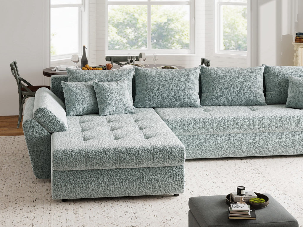 Colțar extensibil dumonde cu ladă de depozitare si sezut confortabil din spuma high-density, Loana XL Jaguar Verde Mint 335x185 cm