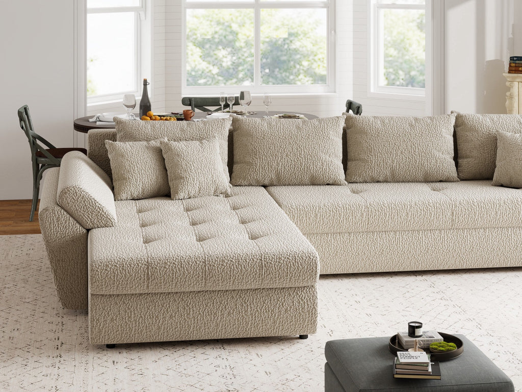Colțar extensibil dumonde cu ladă de depozitare si sezut confortabil din spuma high-density, Loana XL Jaguar Bej 335x185 cm