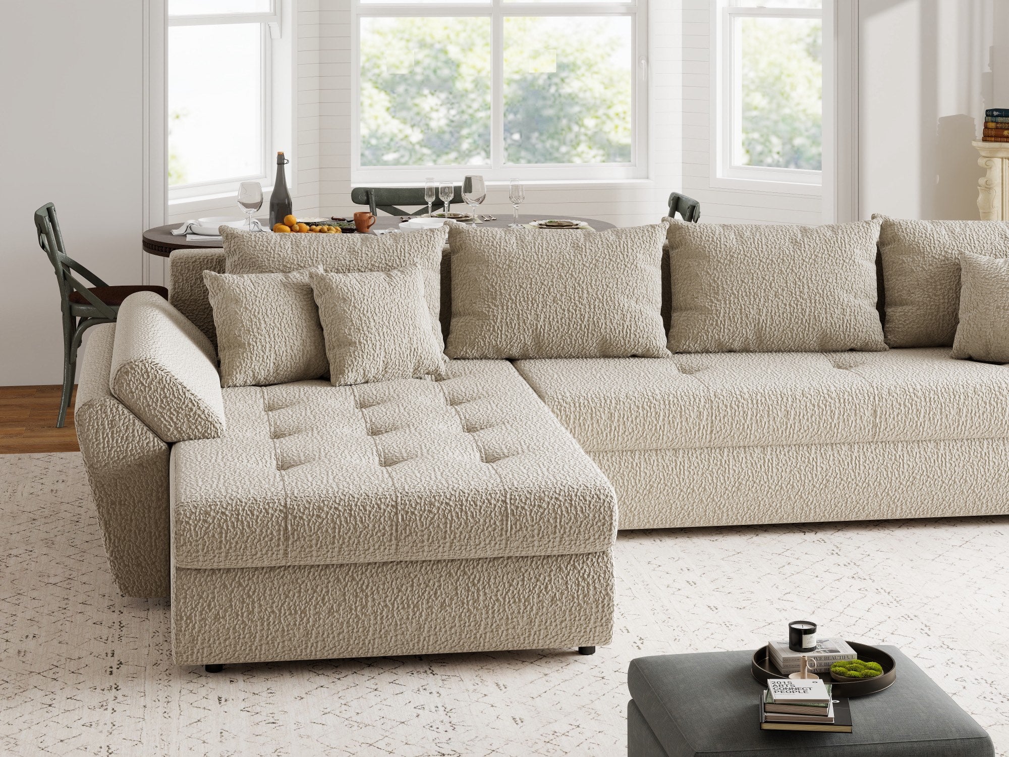 Colțar extensibil dumonde cu ladă de depozitare si sezut confortabil din spuma high-density, Loana XL Jaguar Bej 335x185 cm