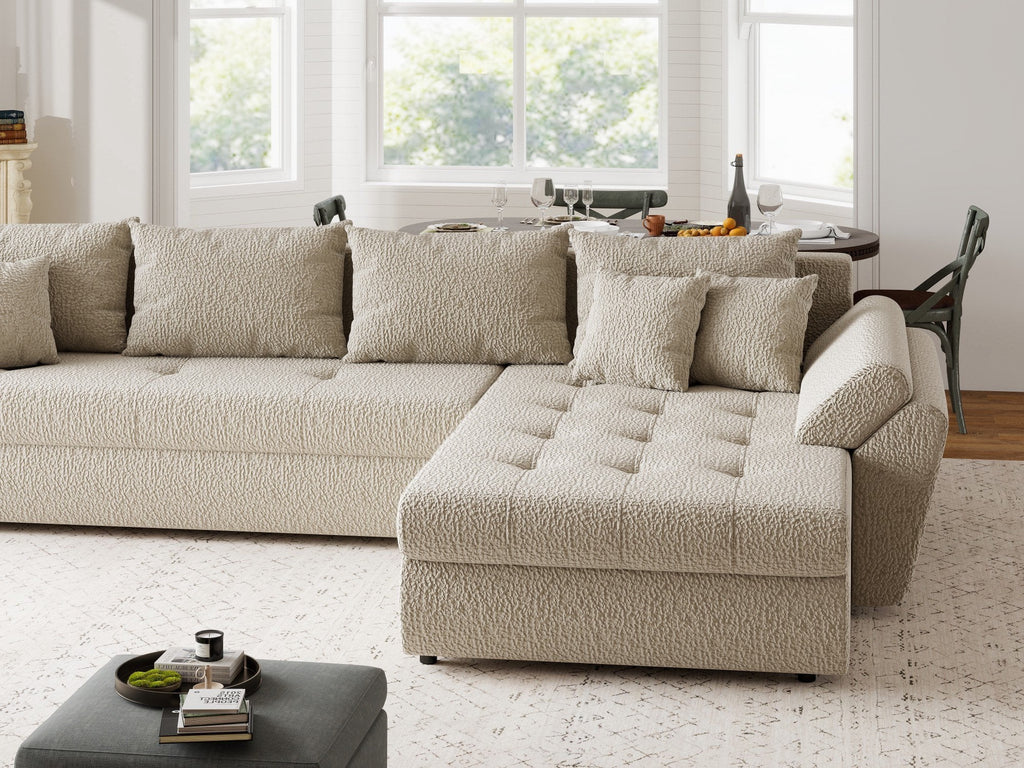 Colțar extensibil dumonde cu ladă de depozitare si sezut confortabil din spuma high-density, Loana XL Jaguar Bej II 335x185 cm