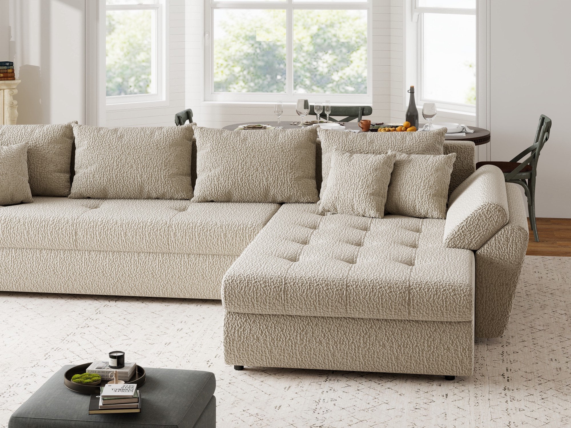 Colțar extensibil dumonde cu ladă de depozitare si sezut confortabil din spuma high-density, Loana XL Jaguar Bej II 335x185 cm