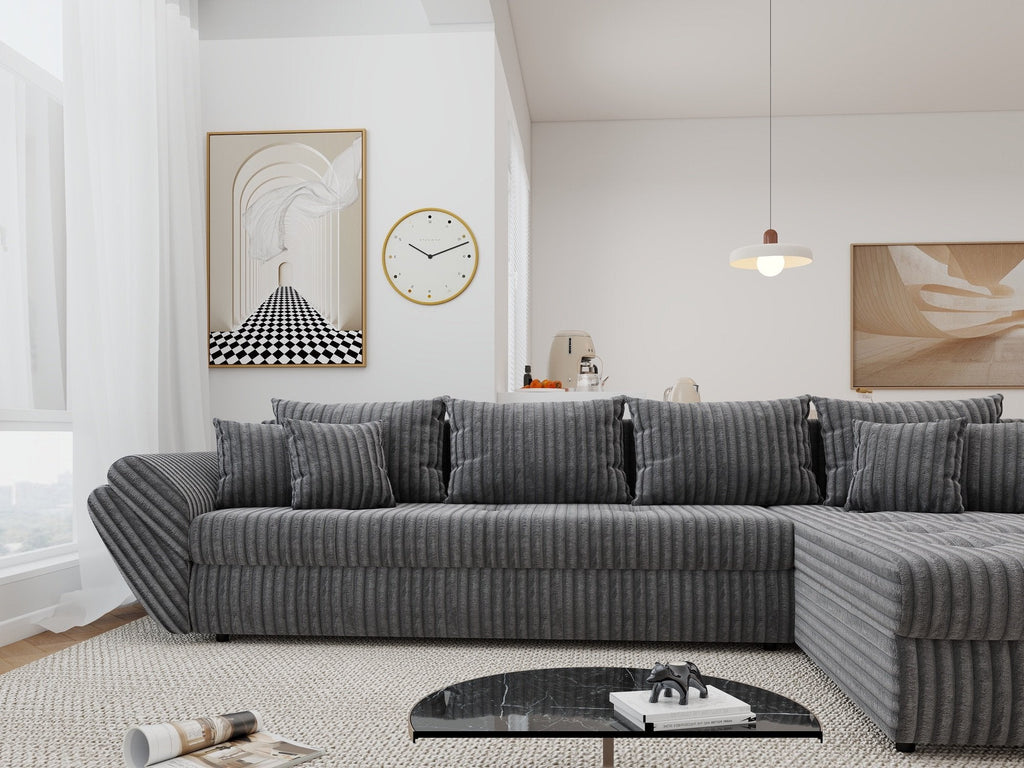 Colțar extensibil dumonde cu ladă de depozitare si sezut confortabil din spuma high-density, Loana XL Tilia Gri 90 II 335x185 cm