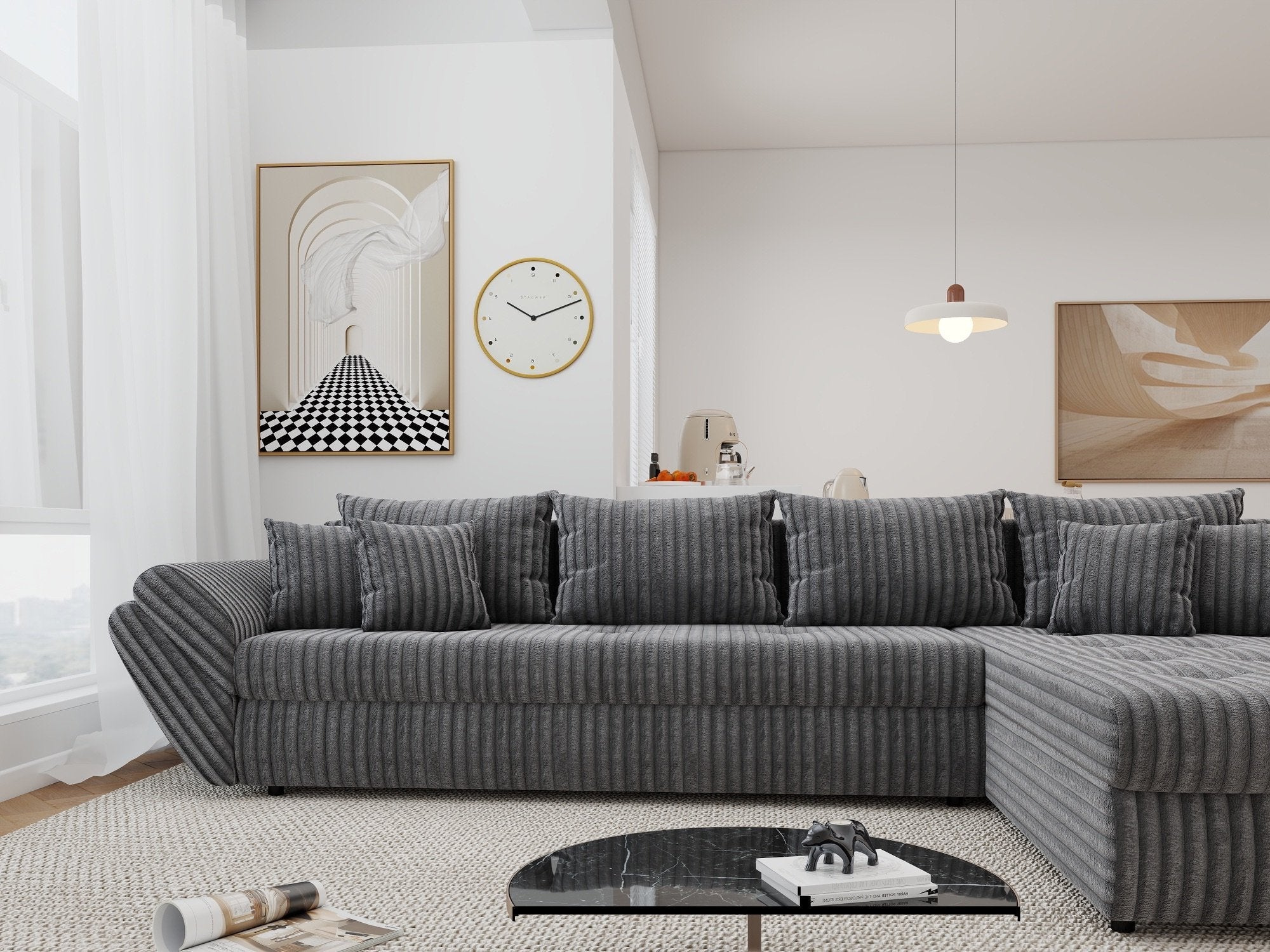 Colțar extensibil dumonde cu ladă de depozitare si sezut confortabil din spuma high-density, Loana XL Tilia Gri 90 II 335x185 cm
