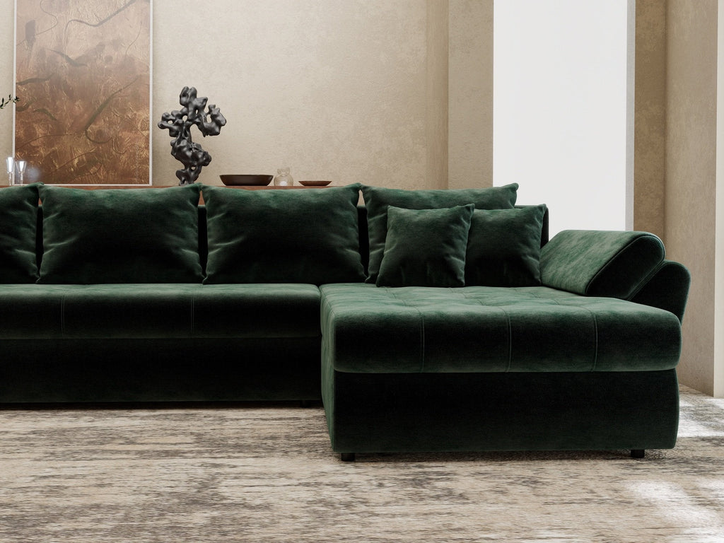 Colțar extensibil dumonde cu ladă de depozitare si sezut confortabil din spuma high-density, Loana XL Monolith Verde II 335x185 cm