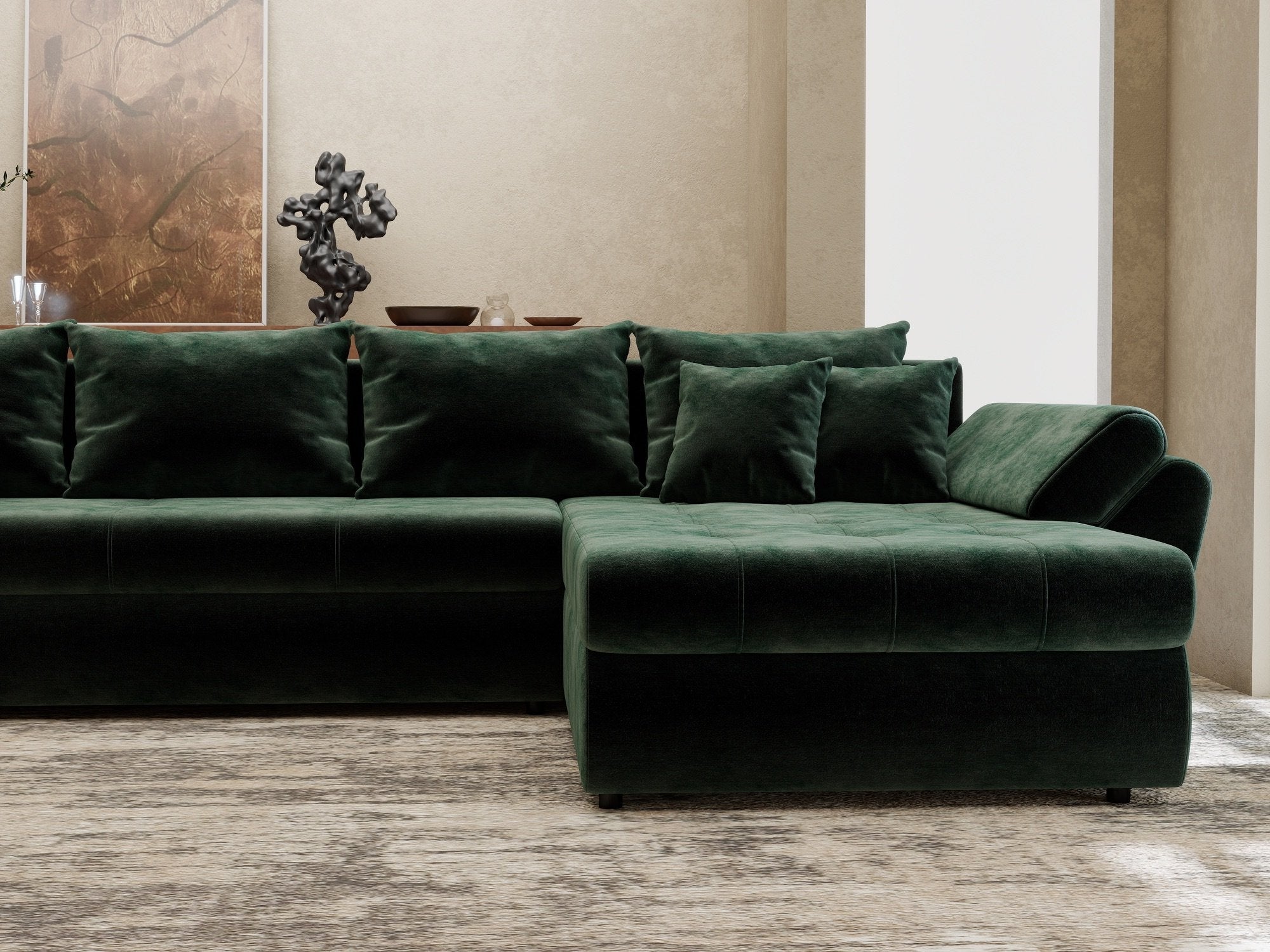 Colțar extensibil dumonde cu ladă de depozitare si sezut confortabil din spuma high-density, Loana XL Monolith Verde II 335x185 cm