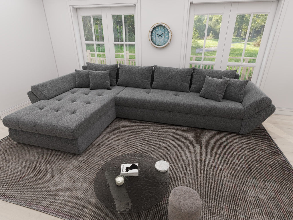 Colțar extensibil dumonde cu ladă de depozitare si sezut confortabil din spuma high-density, Loana XL Monte Gri 90 335x185 cm