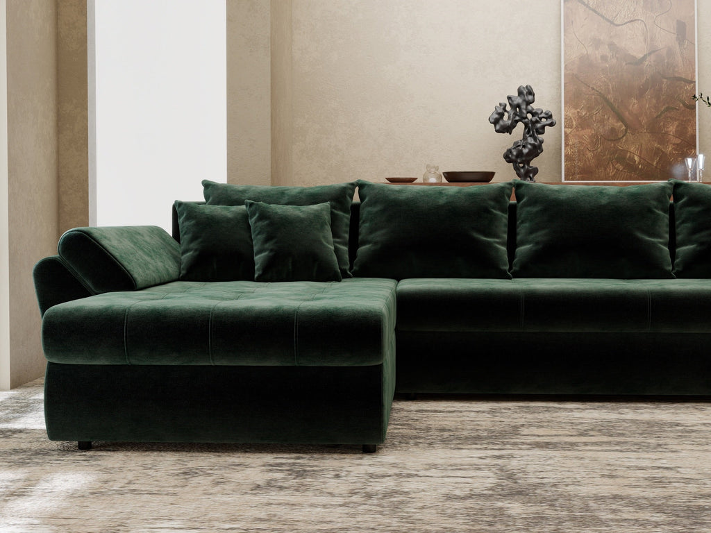 Colțar extensibil dumonde cu ladă de depozitare si sezut confortabil din spuma high-density, Loana XL Monolith Verde 335x185 cm