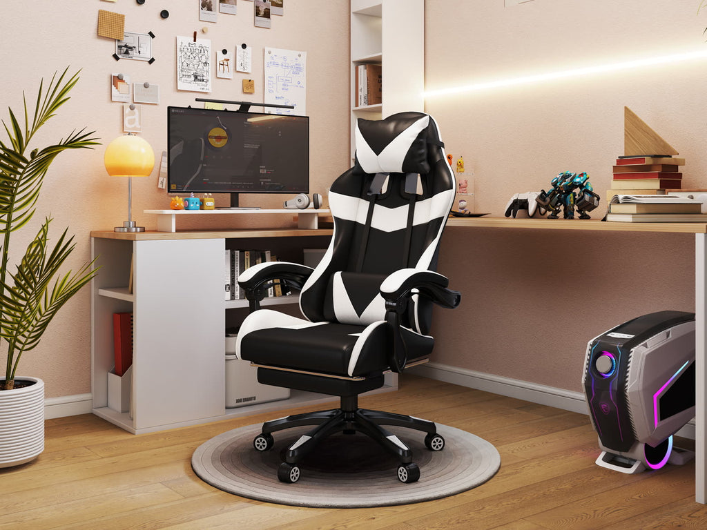 Scaun gaming Dumonde NOVA, mecanism multifuncțional, ecopiele, suport picioare, alb/negru