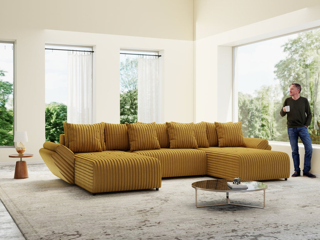 Colțar extensibil dumonde cu ladă de depozitare si sezut confortabil din spuma high-density, Berlin U Ambiance Mustar 380x180 cm
